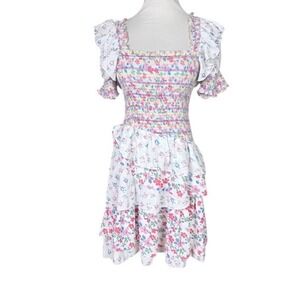 NWT To My Lovers Floral Smocked‎ Tiered Mini Dress White Multi Square Neck Large